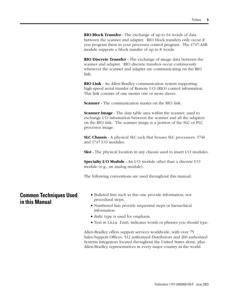 Common techniques used in this manual | Rockwell Automation 1747-ASB Remote I/O Adapter User Manual | Page 13 / 156