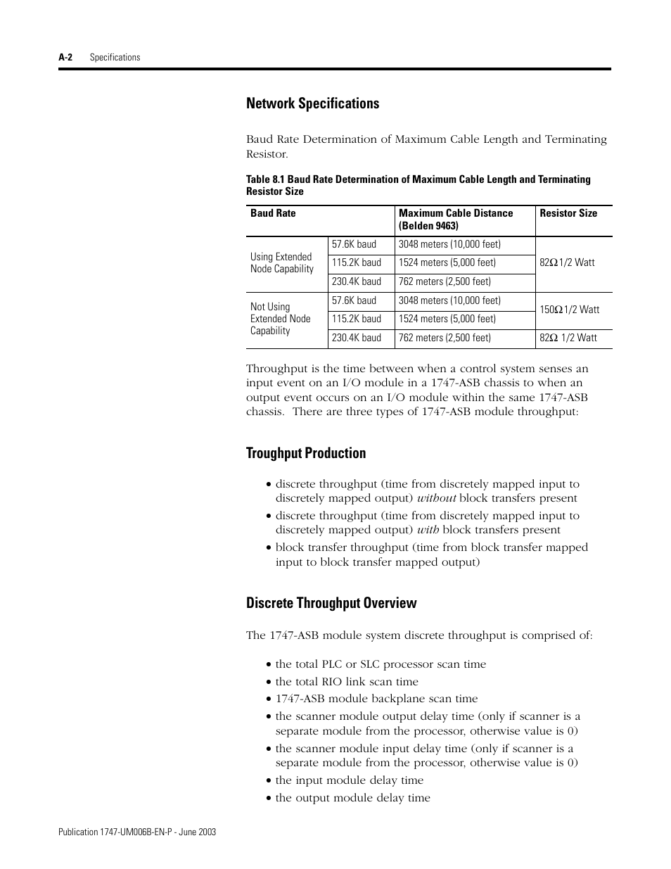 Network specifications, Troughput production, Discrete throughput overview | Rockwell Automation 1747-ASB Remote I/O Adapter User Manual | Page 130 / 156