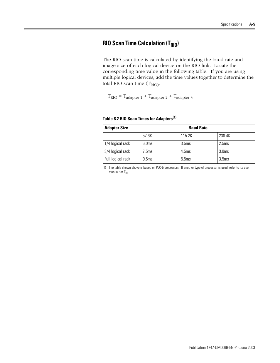 Table 8.2 rio scan times for adapters, Rio scan time calculation (t | Rockwell Automation 1747-ASB Remote I/O Adapter User Manual | Page 133 / 156
