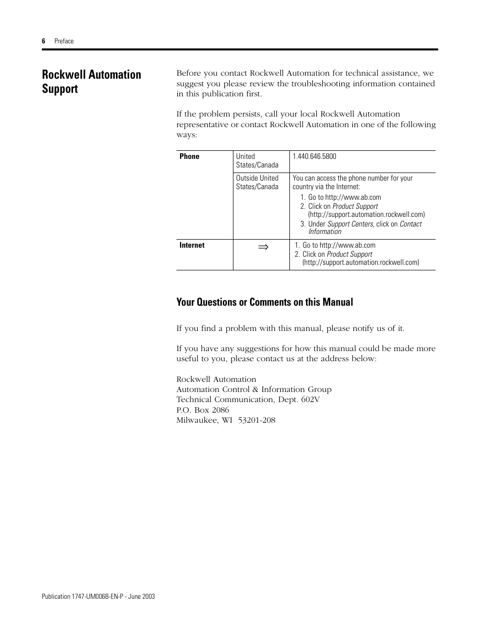 Rockwell automation support, Your questions or comments on this manual | Rockwell Automation 1747-ASB Remote I/O Adapter User Manual | Page 14 / 156