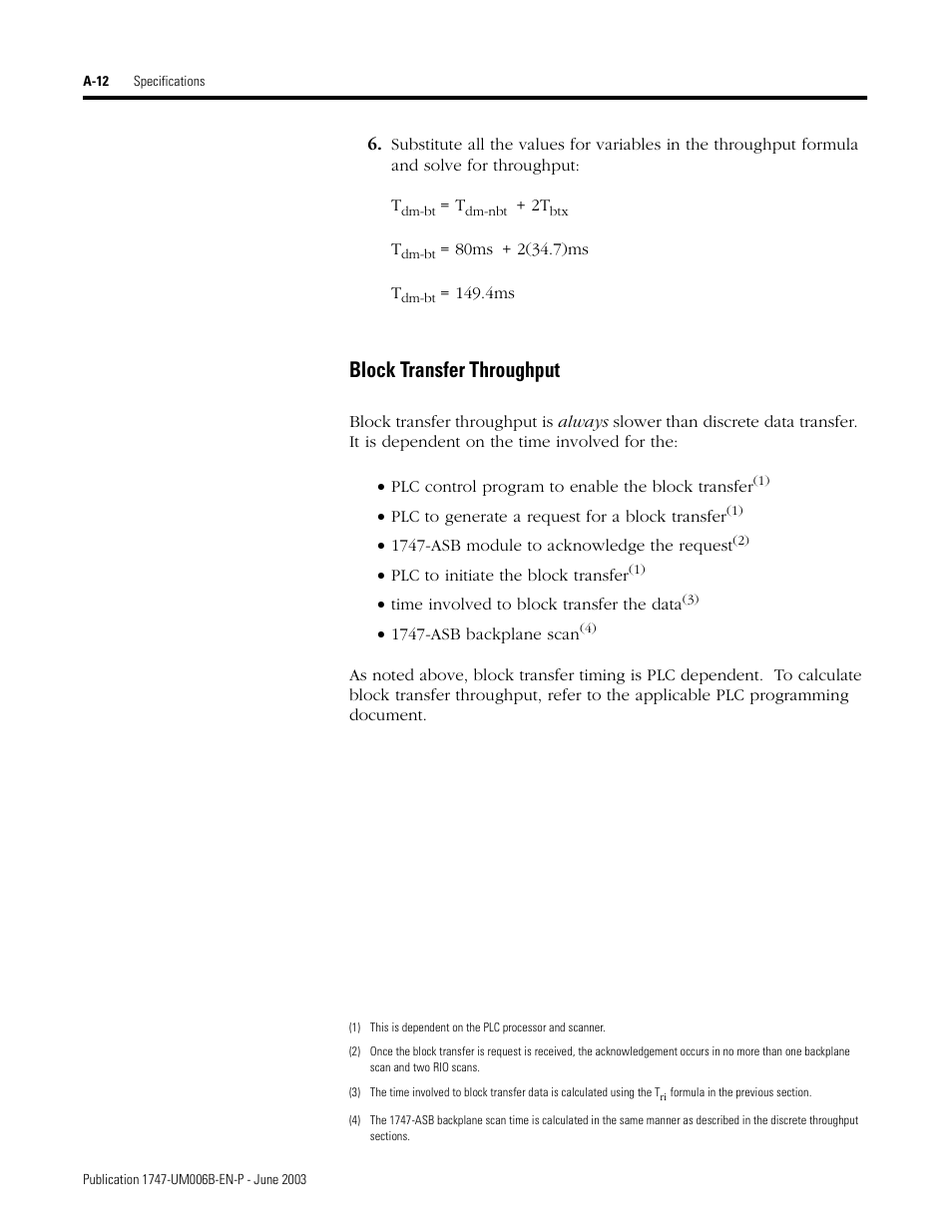 Block transfer throughput | Rockwell Automation 1747-ASB Remote I/O Adapter User Manual | Page 140 / 156