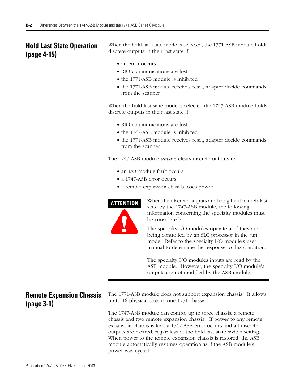 Hold last state operation (page 4-15), Remote expansion chassis (page 3-1) | Rockwell Automation 1747-ASB Remote I/O Adapter User Manual | Page 142 / 156