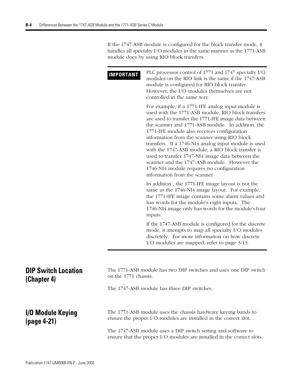 Dip switch location (chapter 4), I/o module keying (page 4-21) | Rockwell Automation 1747-ASB Remote I/O Adapter User Manual | Page 144 / 156