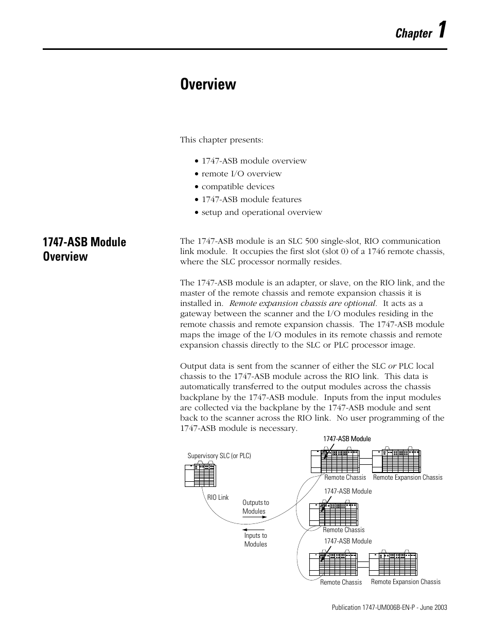 1 - overview, Overview, 1747-asb module overview | Chapter 1, 1747-asb module overview -1, Chapter | Rockwell Automation 1747-ASB Remote I/O Adapter User Manual | Page 15 / 156