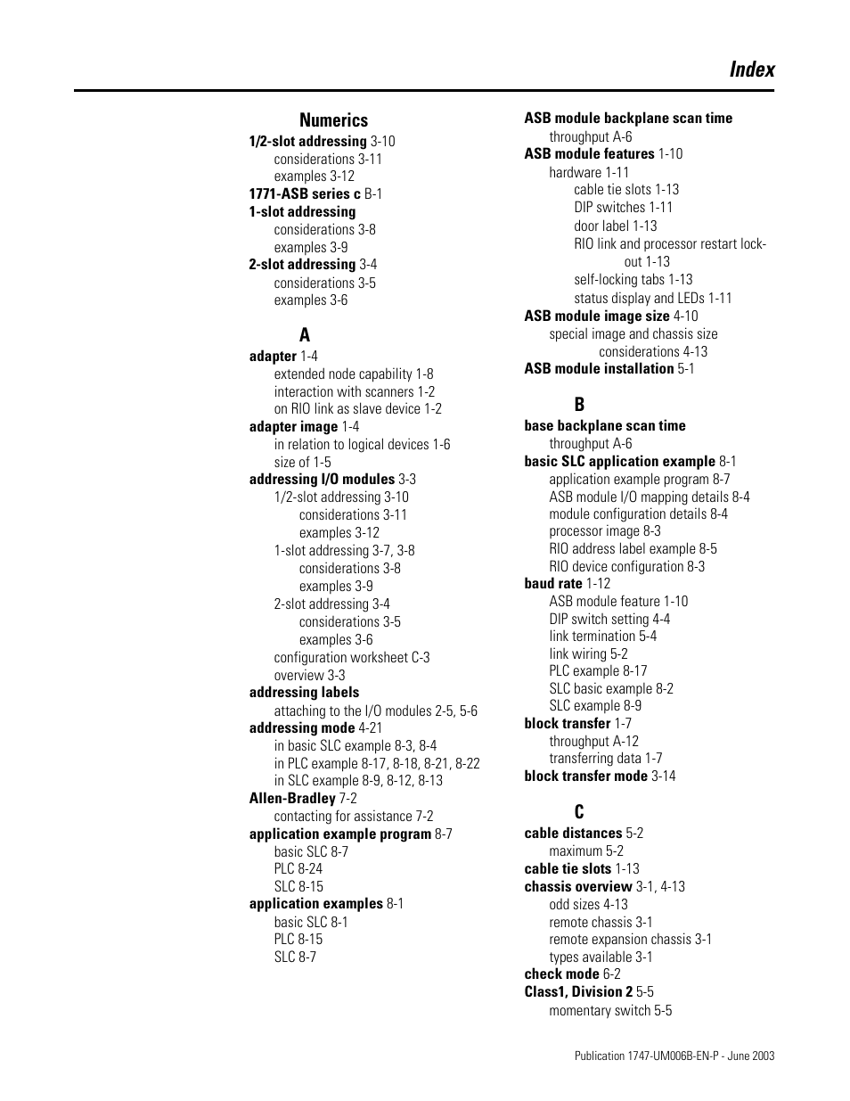 Index, Numerics | Rockwell Automation 1747-ASB Remote I/O Adapter User Manual | Page 151 / 156