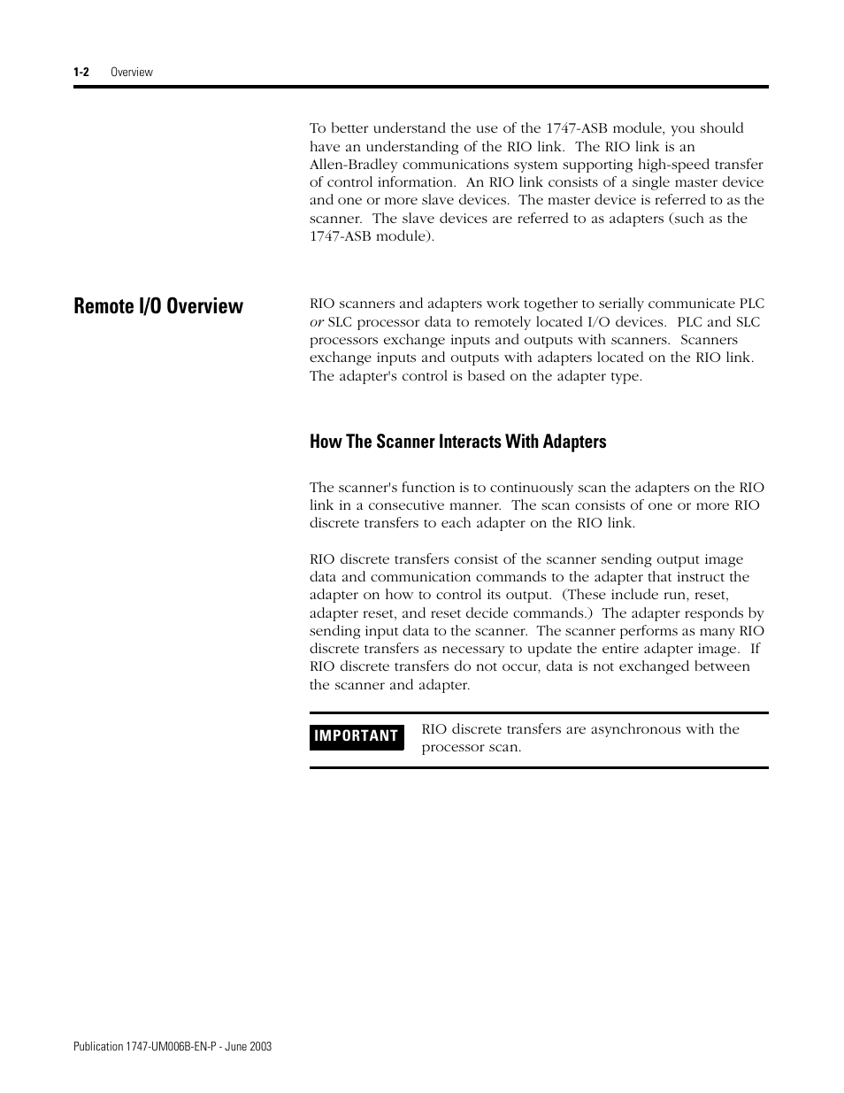 Remote i/o overview, Remote i/o overview -2, How the scanner interacts with adapters -2 | How the scanner interacts with adapters | Rockwell Automation 1747-ASB Remote I/O Adapter User Manual | Page 16 / 156