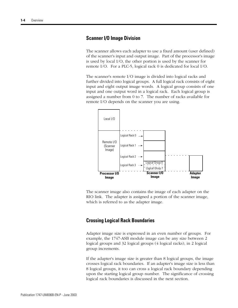 Scanner i/o image division, Crossing logical rack boundaries | Rockwell Automation 1747-ASB Remote I/O Adapter User Manual | Page 18 / 156