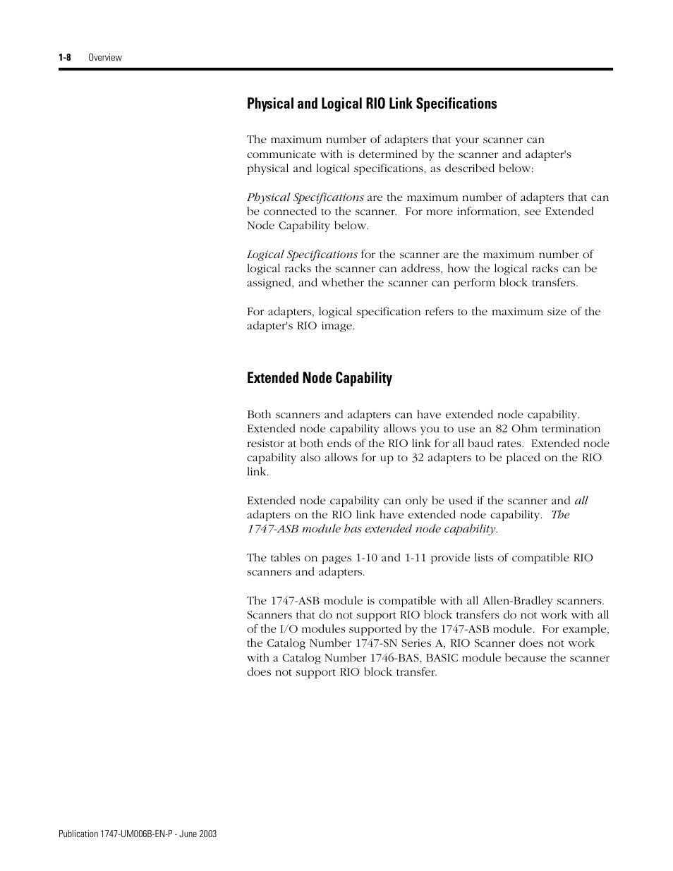 Physical and logical rio link specifications, Extended node capability | Rockwell Automation 1747-ASB Remote I/O Adapter User Manual | Page 22 / 156
