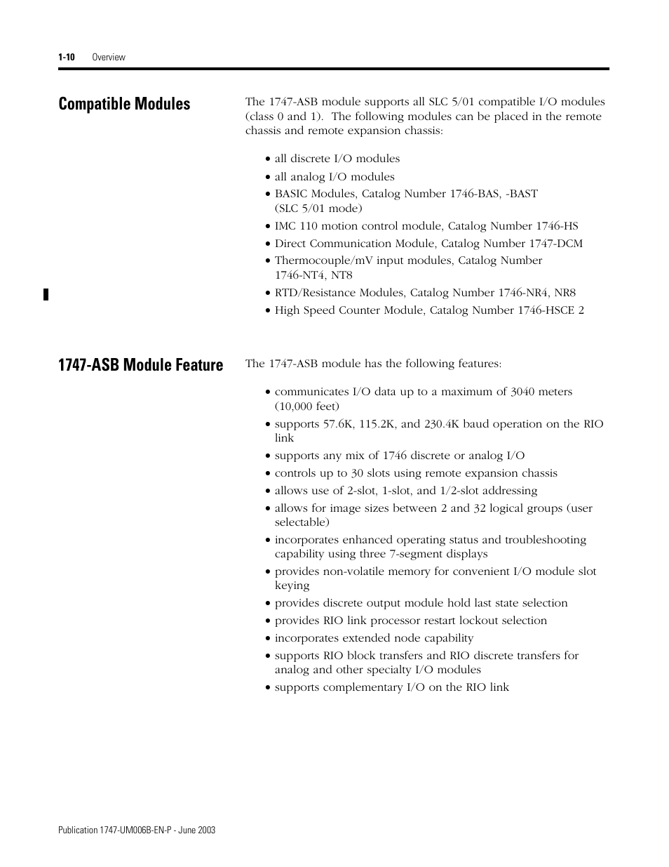 Compatible modules, 1747-asb module feature, Compatible modules -10 1747-asb module feature -10 | Rockwell Automation 1747-ASB Remote I/O Adapter User Manual | Page 24 / 156