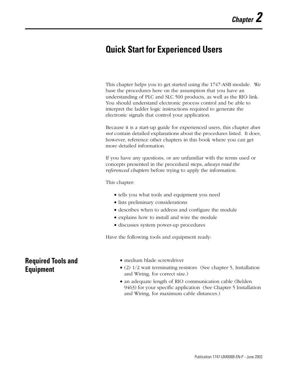 2 - quick start for experienced users, Quick start for experienced users, Required tools and equipment | Chapter 2, Required tools and equipment -1, Chapter | Rockwell Automation 1747-ASB Remote I/O Adapter User Manual | Page 29 / 156