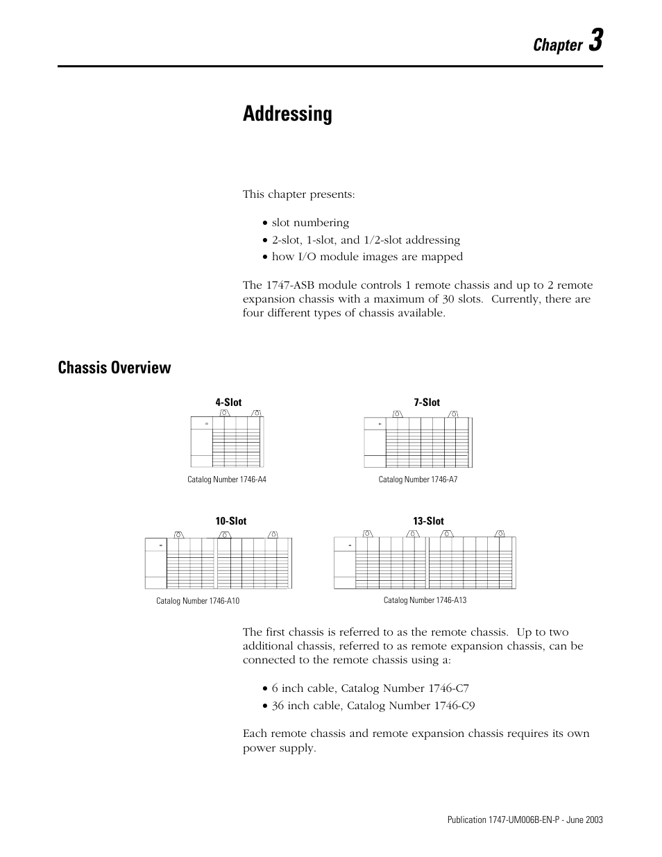 3 - addressing, Addressing, Chassis overview | Chapter 3, Chassis overview -1, Chapter | Rockwell Automation 1747-ASB Remote I/O Adapter User Manual | Page 37 / 156