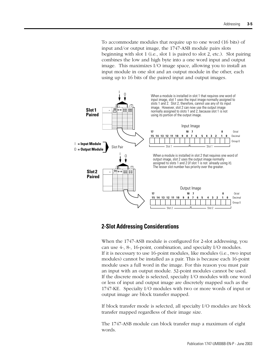 Slot addressing considerations -5, Slot addressing considerations, Slot 1 paired | Slot 2 paired | Rockwell Automation 1747-ASB Remote I/O Adapter User Manual | Page 41 / 156