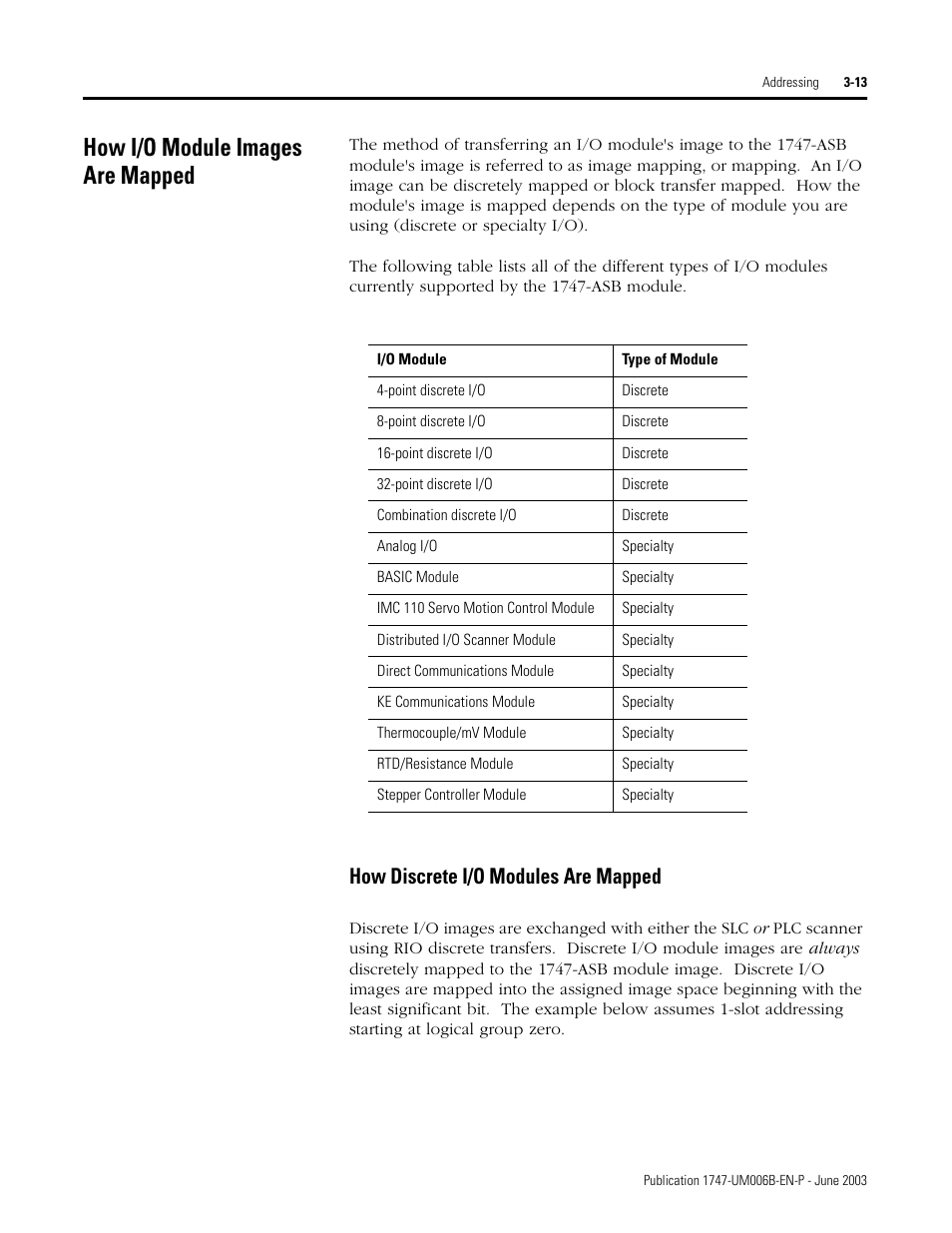 How i/o module images are mapped, How i/o module images are mapped -13, How discrete i/o modules are mapped -13 | How discrete i/o modules are mapped | Rockwell Automation 1747-ASB Remote I/O Adapter User Manual | Page 49 / 156