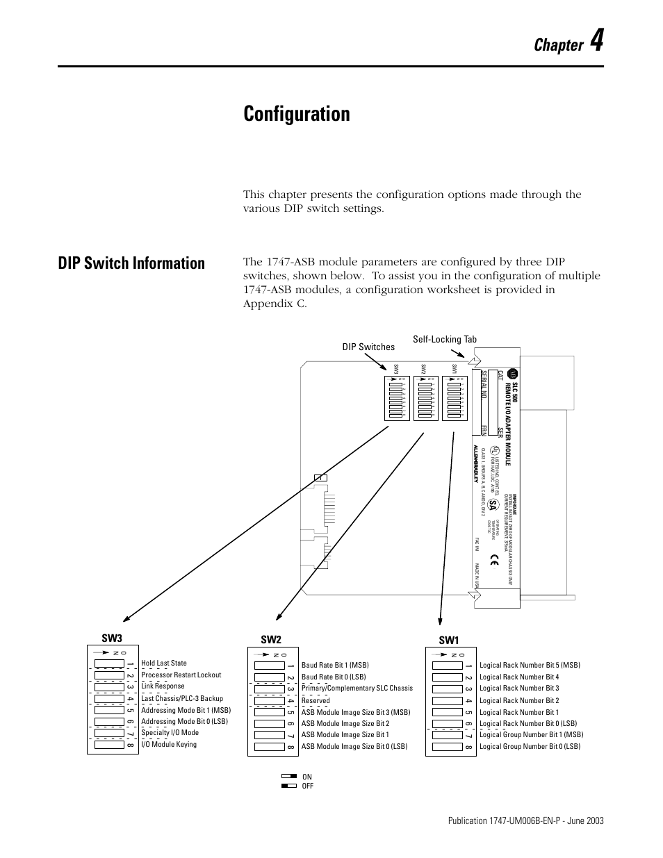4 - configuration, Configuration, Dip switch information | Chapter 4, Dip switch information -1, Chapter, Sw1 sw2 sw3, Dip switches, Self-locking tab | Rockwell Automation 1747-ASB Remote I/O Adapter User Manual | Page 55 / 156