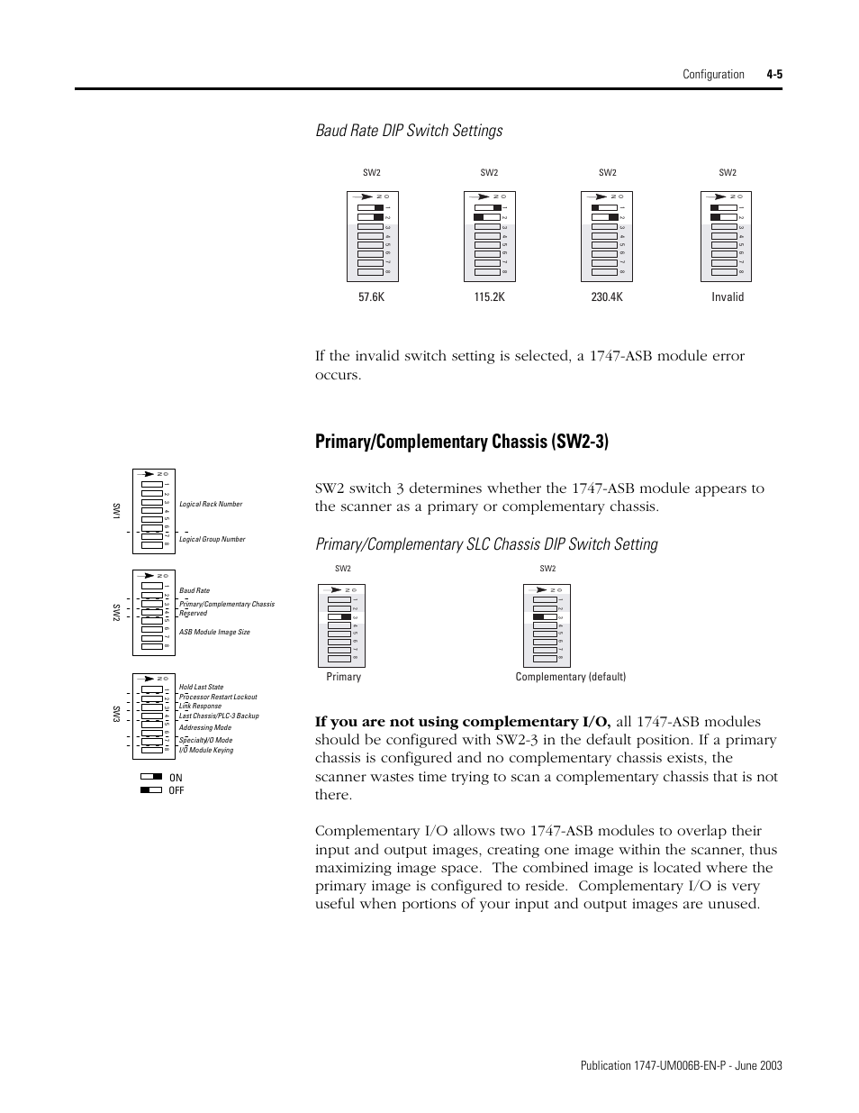 Baud rate dip switch settings, Primary/complementary chassis (sw2-3) -5, Primary/complementary chassis (sw2-3) | Primary, Complementary (default) | Rockwell Automation 1747-ASB Remote I/O Adapter User Manual | Page 59 / 156