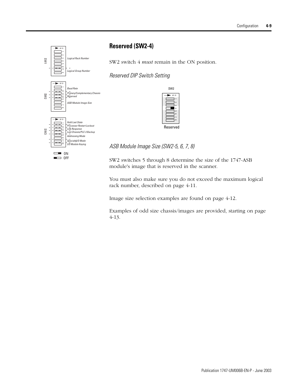Reserved dip switch setting, Asb module image size (sw2-5, 6, 7, 8), Reserved (sw2-4) -9 | Reserved (sw2-4), Sw2 switch 4 must remain in the on position, Reserved | Rockwell Automation 1747-ASB Remote I/O Adapter User Manual | Page 63 / 156
