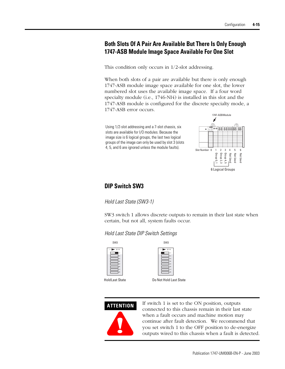 Hold last state (sw3-1), Hold last state dip switch settings, Dip switch sw3 | Attention | Rockwell Automation 1747-ASB Remote I/O Adapter User Manual | Page 69 / 156