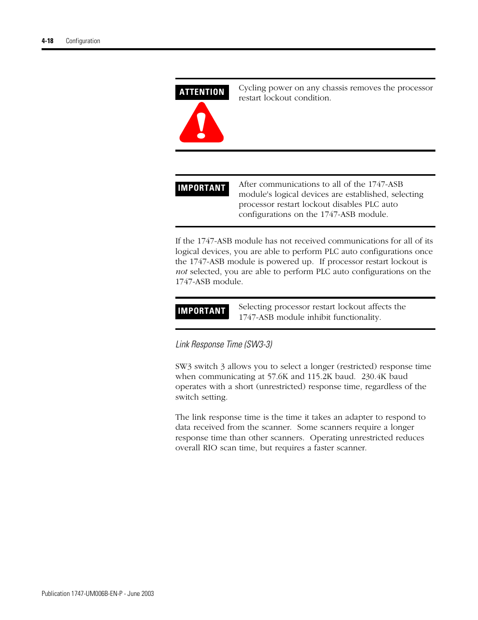 Link response time (sw3-3) | Rockwell Automation 1747-ASB Remote I/O Adapter User Manual | Page 72 / 156