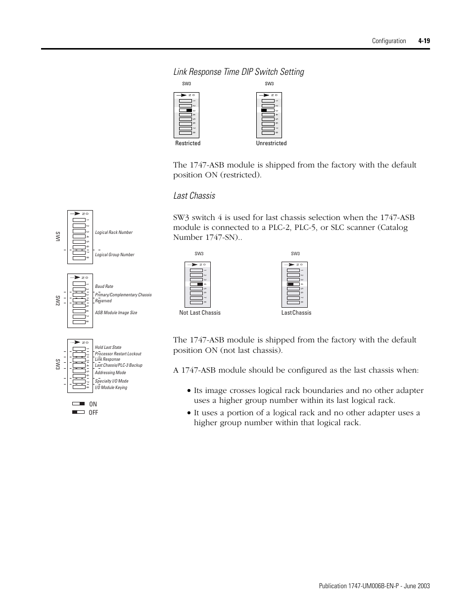 Link response time dip switch setting, Last chassis, On off | Rockwell Automation 1747-ASB Remote I/O Adapter User Manual | Page 73 / 156