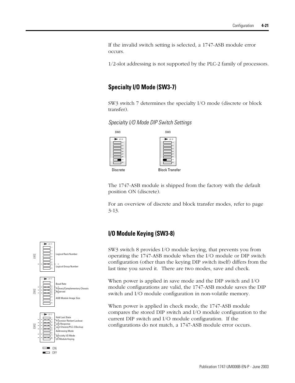Specialty i/o mode dip switch settings, Specialty i/o mode (sw3-7), I/o module keying (sw3-8) | Rockwell Automation 1747-ASB Remote I/O Adapter User Manual | Page 75 / 156