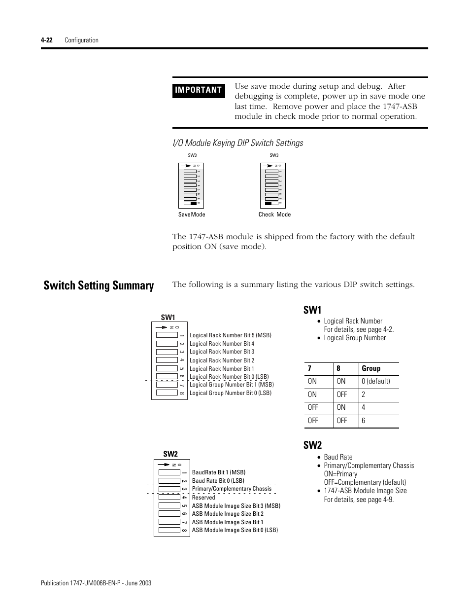 I/o module keying dip switch settings, Switch setting summary, Switch setting summary -22 | Sw2 -22 | Rockwell Automation 1747-ASB Remote I/O Adapter User Manual | Page 76 / 156