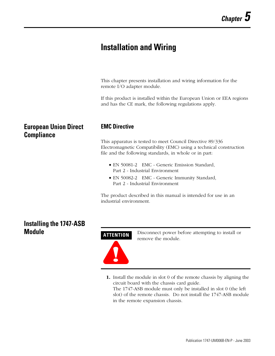 5 - installation and wiring, Installation and wiring, European union direct compliance | Installing the 1747-asb module, Chapter 5, European union direct compliance -1, Emc directive -1 | Rockwell Automation 1747-ASB Remote I/O Adapter User Manual | Page 79 / 156
