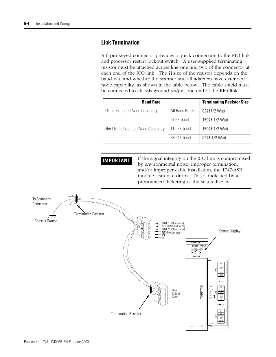 Link termination -4, Link termination, 1/2 watt | Rockwell Automation 1747-ASB Remote I/O Adapter User Manual | Page 82 / 156