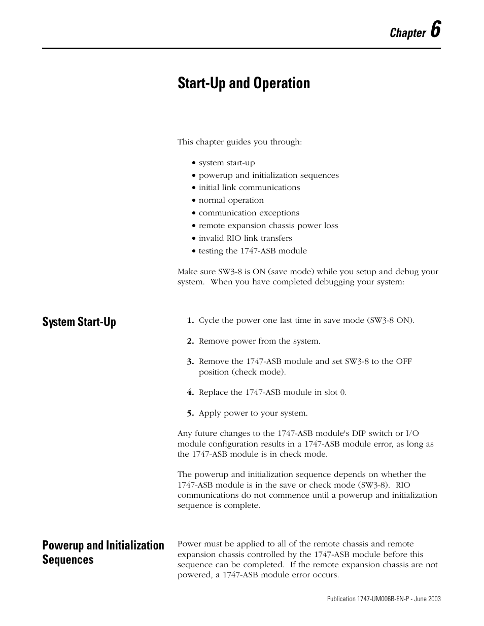 6 - start-up and operation, Start-up and operation, System start-up | Powerup and initialization sequences, Chapter 6, Chapter | Rockwell Automation 1747-ASB Remote I/O Adapter User Manual | Page 87 / 156