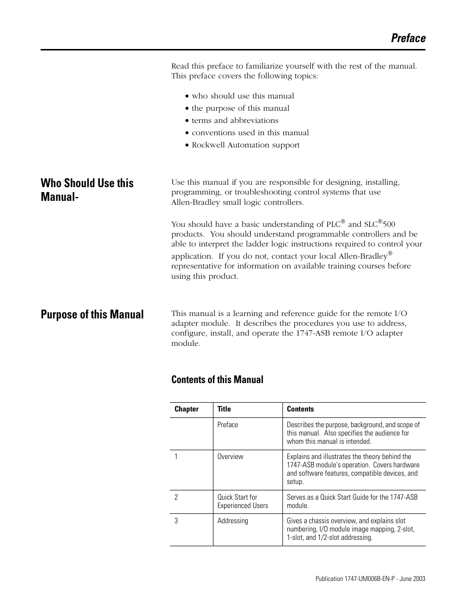 Preface, Who should use this manual, Purpose of this manual | Who should use this manual purpose of this manual, Contents of this manual | Rockwell Automation 1747-ASB Remote I/O Adapter User Manual | Page 9 / 156