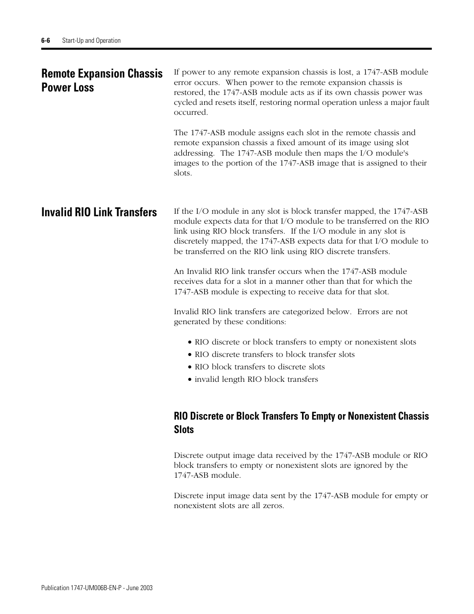 Remote expansion chassis power loss, Invalid rio link transfers, Rio discrete or block transfers to empty or | Nonexistent chassis slots -6 | Rockwell Automation 1747-ASB Remote I/O Adapter User Manual | Page 92 / 156