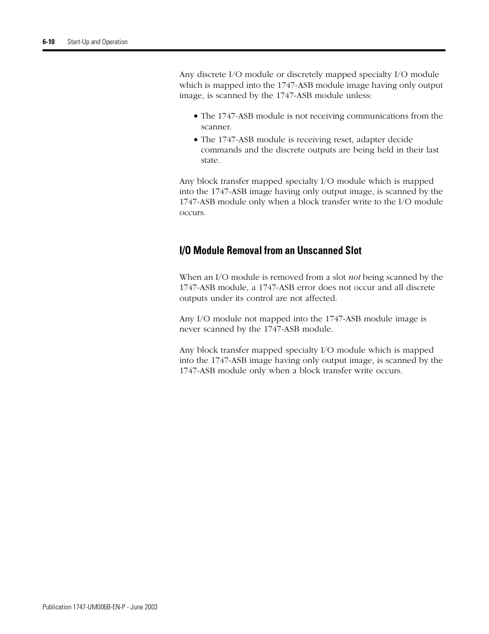 I/o module removal from an unscanned slot -10, I/o module removal from an unscanned slot | Rockwell Automation 1747-ASB Remote I/O Adapter User Manual | Page 96 / 156