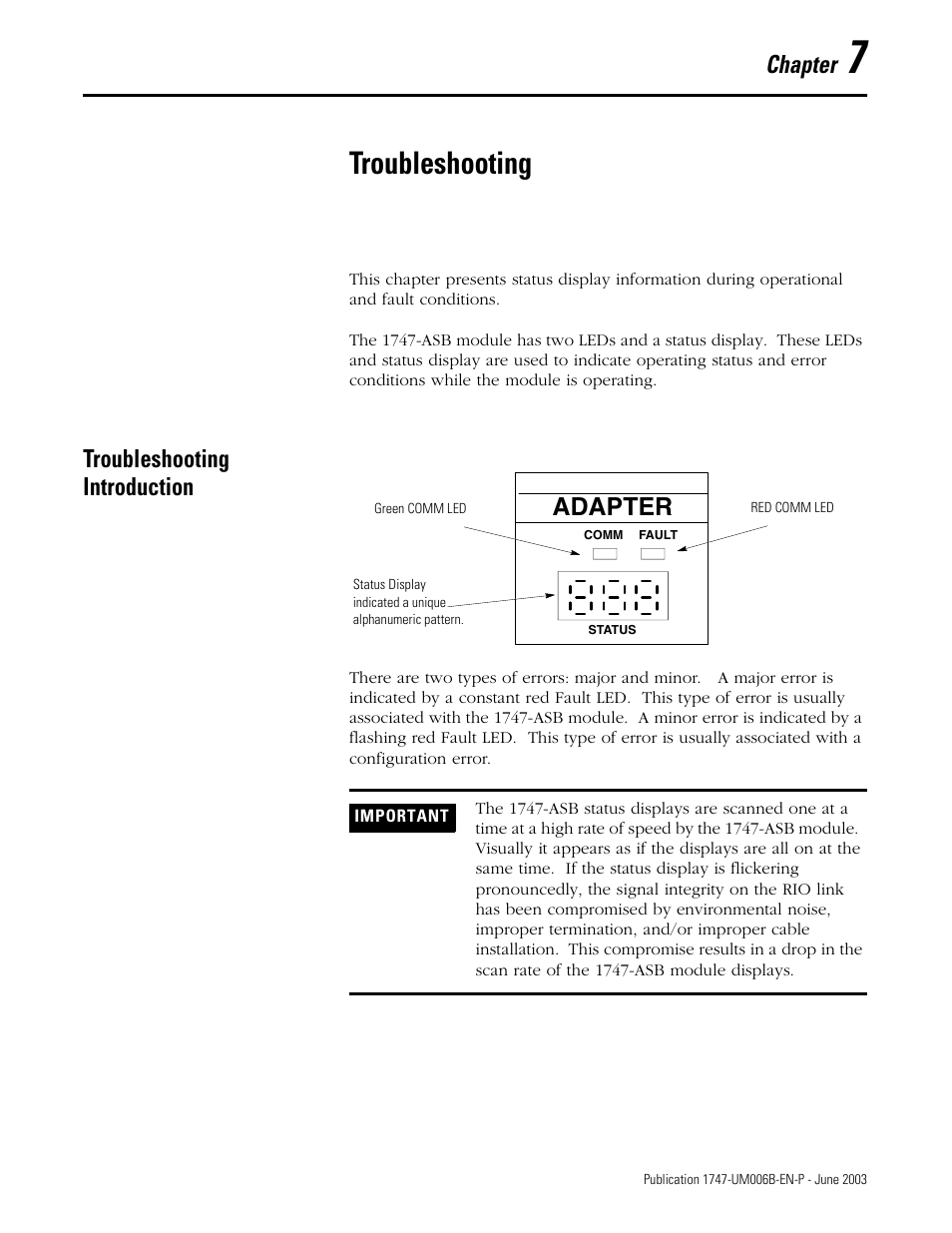 7 - troubleshooting, Troubleshooting, Troubleshooting introduction | Chapter 7, Troubleshooting introduction -1, Chapter, Adapter | Rockwell Automation 1747-ASB Remote I/O Adapter User Manual | Page 97 / 156