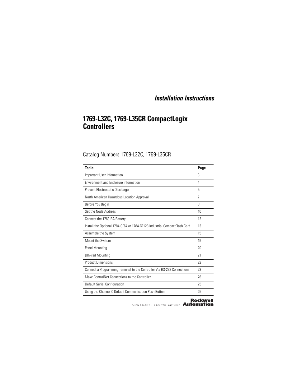 Rockwell Automation 1769-L32C_L35CR CompactLogix Controller Installation Instructions User Manual | 48 pages