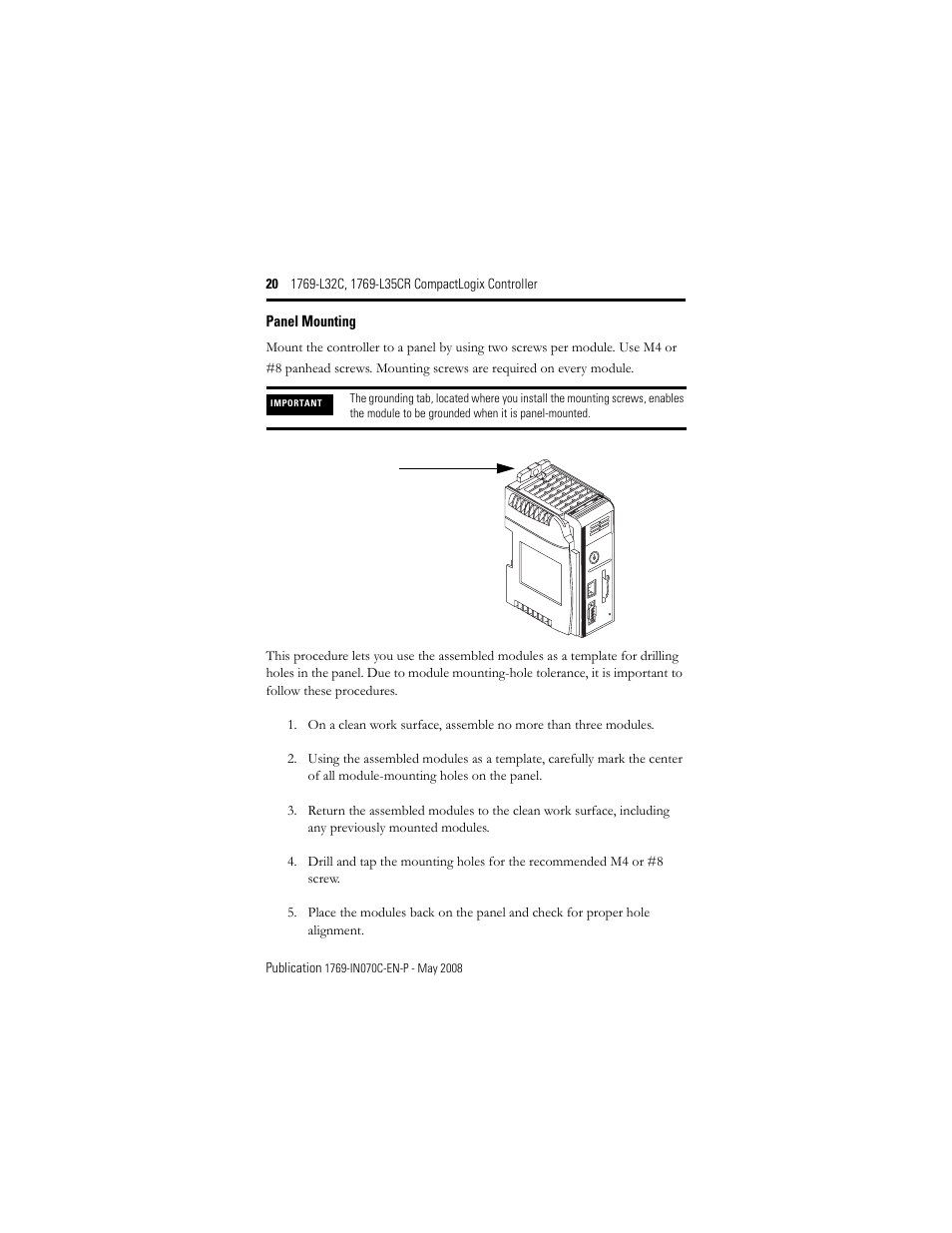 Panel mounting | Rockwell Automation 1769-L32C_L35CR CompactLogix Controller Installation Instructions User Manual | Page 20 / 48
