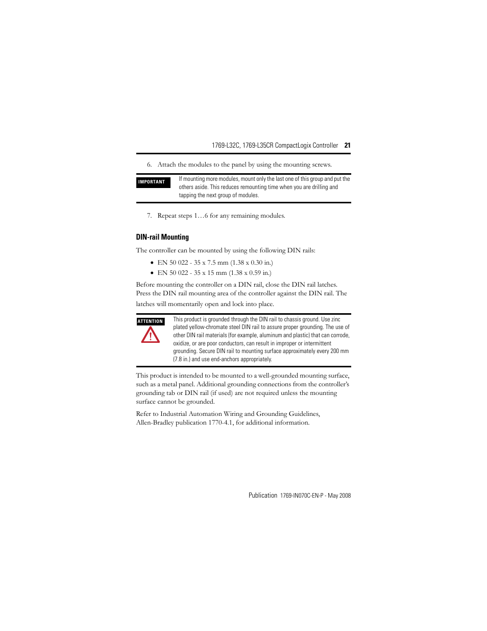 Din-rail mounting | Rockwell Automation 1769-L32C_L35CR CompactLogix Controller Installation Instructions User Manual | Page 21 / 48