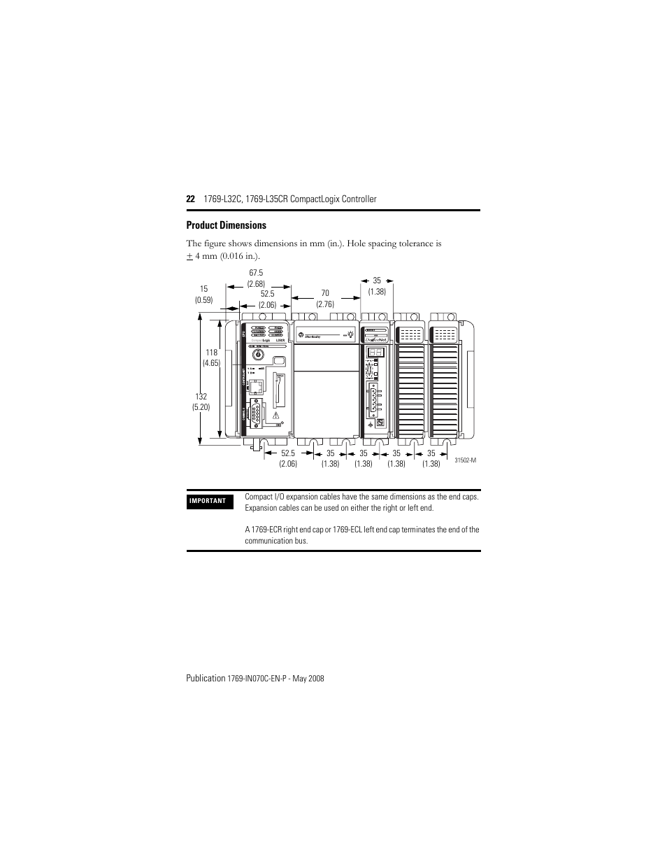 Product dimensions | Rockwell Automation 1769-L32C_L35CR CompactLogix Controller Installation Instructions User Manual | Page 22 / 48