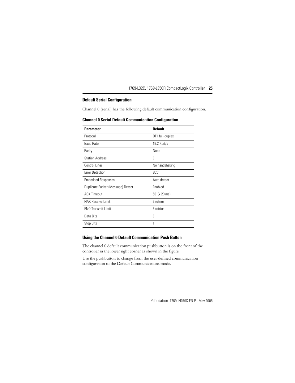 Default serial configuration | Rockwell Automation 1769-L32C_L35CR CompactLogix Controller Installation Instructions User Manual | Page 25 / 48