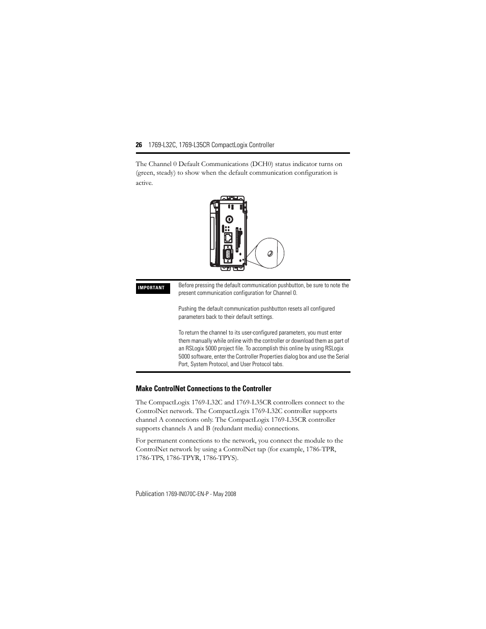 Make controlnet connections to the controller | Rockwell Automation 1769-L32C_L35CR CompactLogix Controller Installation Instructions User Manual | Page 26 / 48