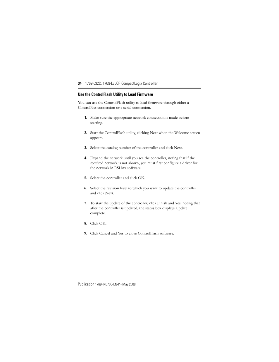 Use the controlflash utility to load firmware | Rockwell Automation 1769-L32C_L35CR CompactLogix Controller Installation Instructions User Manual | Page 34 / 48