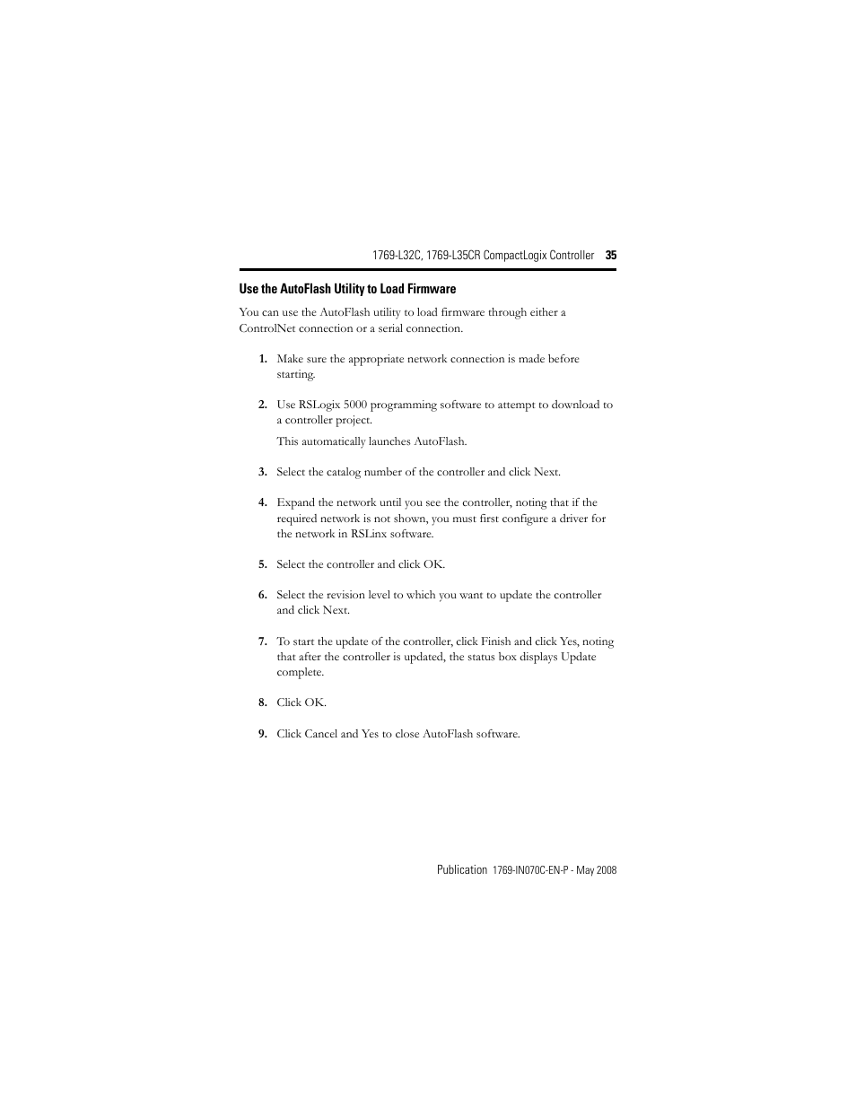 Use the autoflash utility to load firmware | Rockwell Automation 1769-L32C_L35CR CompactLogix Controller Installation Instructions User Manual | Page 35 / 48