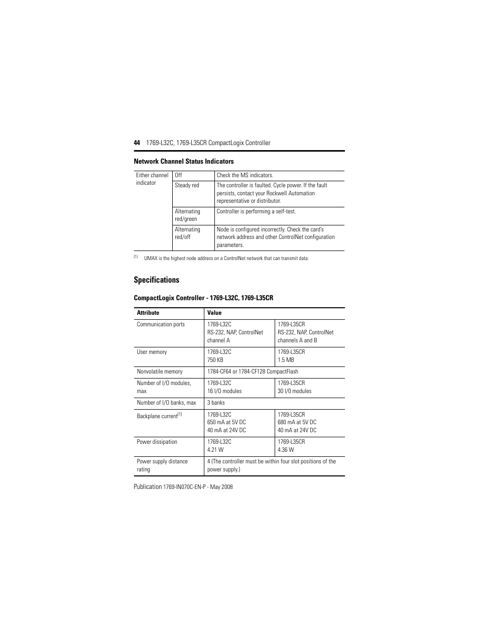 Specifications, Specifications 44 | Rockwell Automation 1769-L32C_L35CR CompactLogix Controller Installation Instructions User Manual | Page 44 / 48