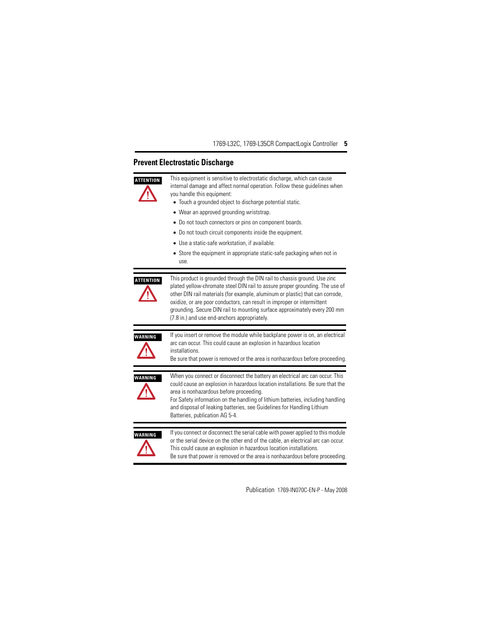 Prevent electrostatic discharge | Rockwell Automation 1769-L32C_L35CR CompactLogix Controller Installation Instructions User Manual | Page 5 / 48