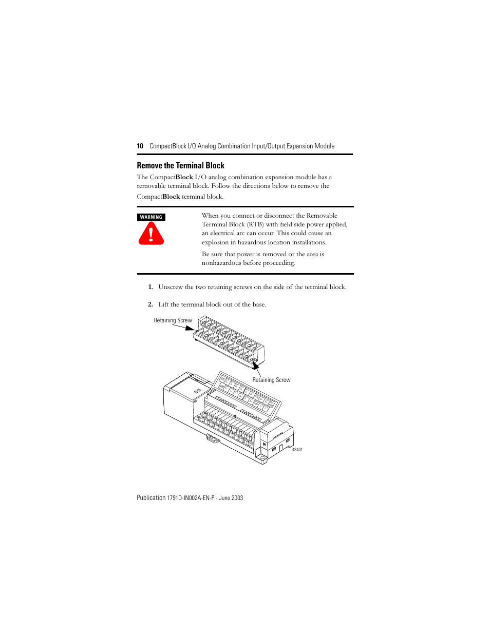 Remove the terminal block, Retaining screw | Rockwell Automation 1791D-N4CV2X CompactBlock I/O for DeviceNet Expansion Module I.I. User Manual | Page 10 / 20