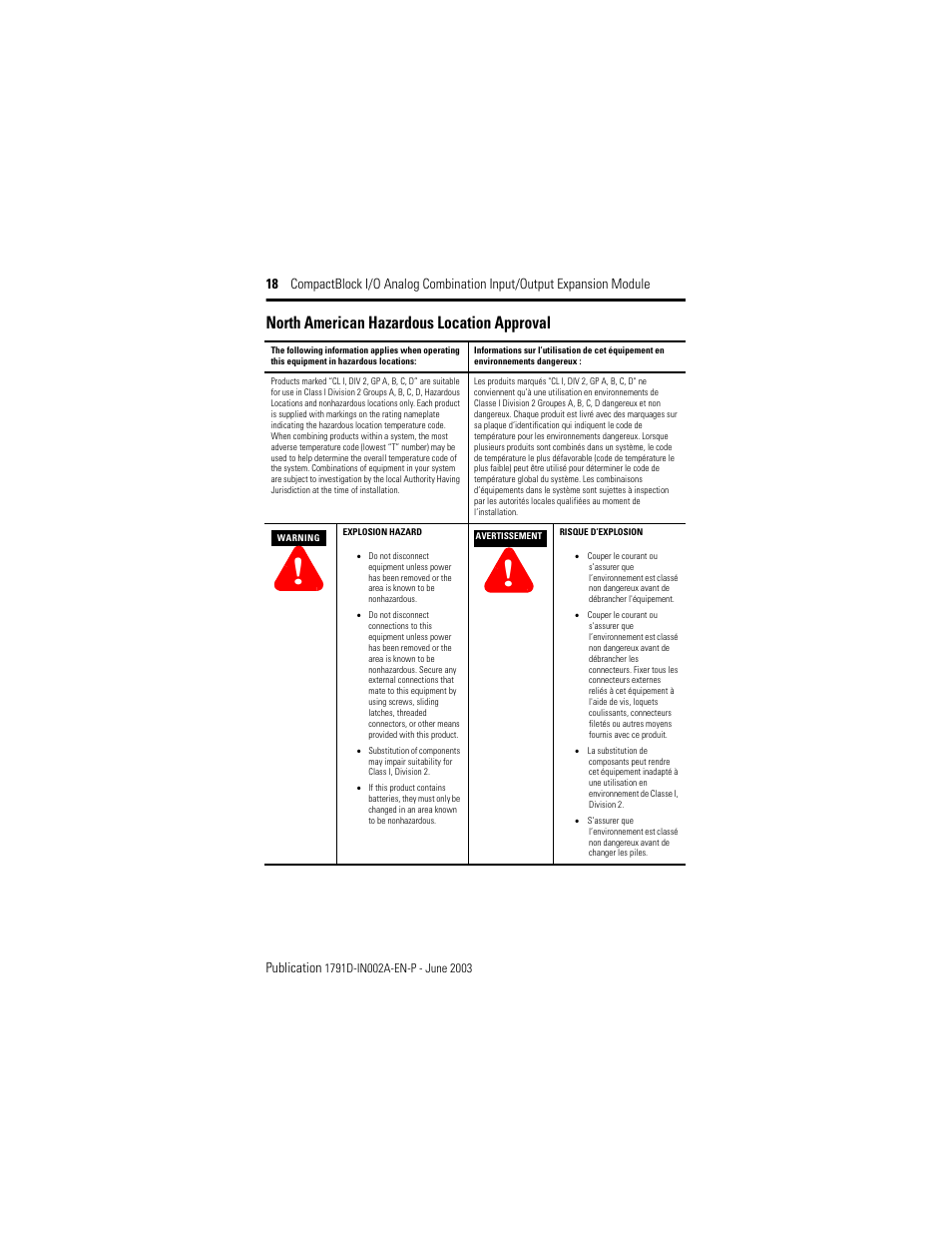 North american hazardous location approval | Rockwell Automation 1791D-N4CV2X CompactBlock I/O for DeviceNet Expansion Module I.I. User Manual | Page 18 / 20