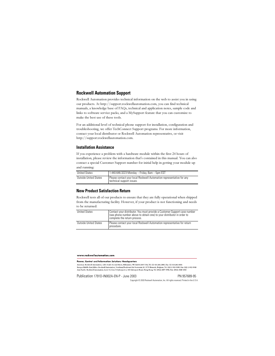 Rockwell automation support, Installation assistance, New product satisfaction return | Rockwell Automation 1791D-N4CV2X CompactBlock I/O for DeviceNet Expansion Module I.I. User Manual | Page 20 / 20