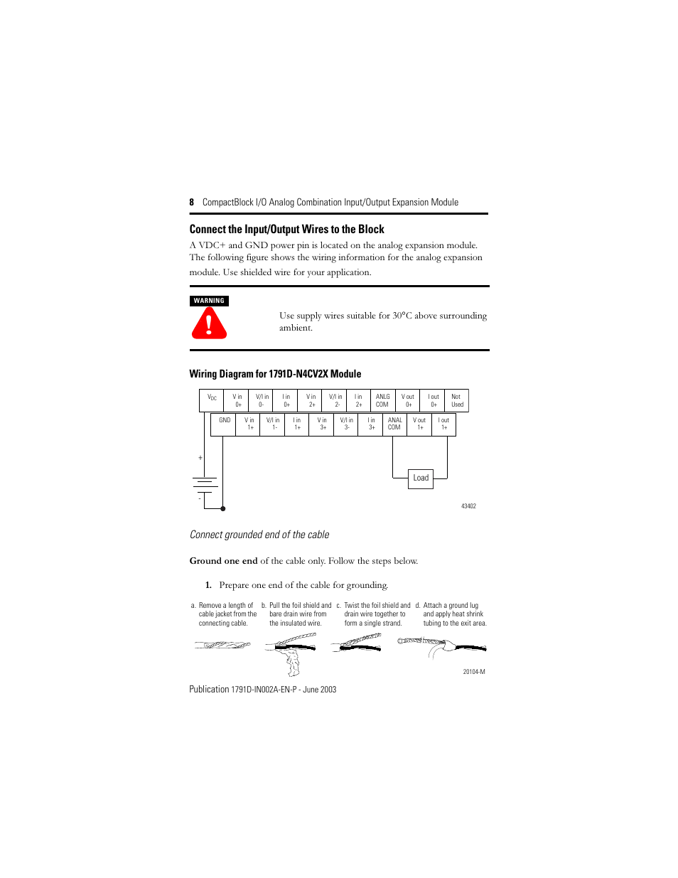 Connect the input/output wires to the block | Rockwell Automation 1791D-N4CV2X CompactBlock I/O for DeviceNet Expansion Module I.I. User Manual | Page 8 / 20