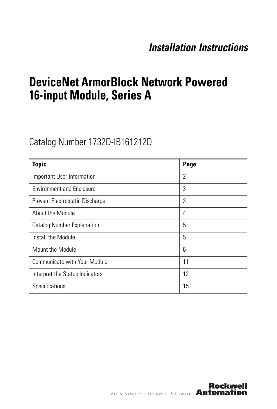 Rockwell Automation 1732D-IB161212D DNet ArmorBlock Network Powered 16-input Module, Series A, IN User Manual | 20 pages