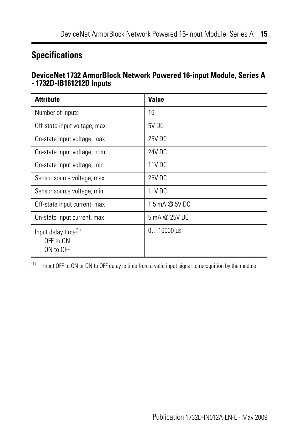 Specifications | Rockwell Automation 1732D-IB161212D DNet ArmorBlock Network Powered 16-input Module, Series A, IN User Manual | Page 15 / 20
