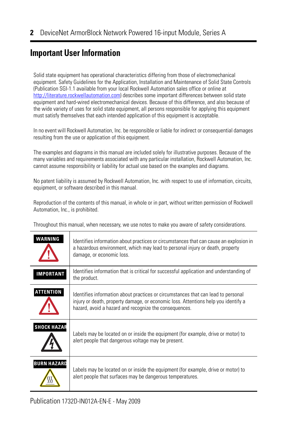 Important user information | Rockwell Automation 1732D-IB161212D DNet ArmorBlock Network Powered 16-input Module, Series A, IN User Manual | Page 2 / 20