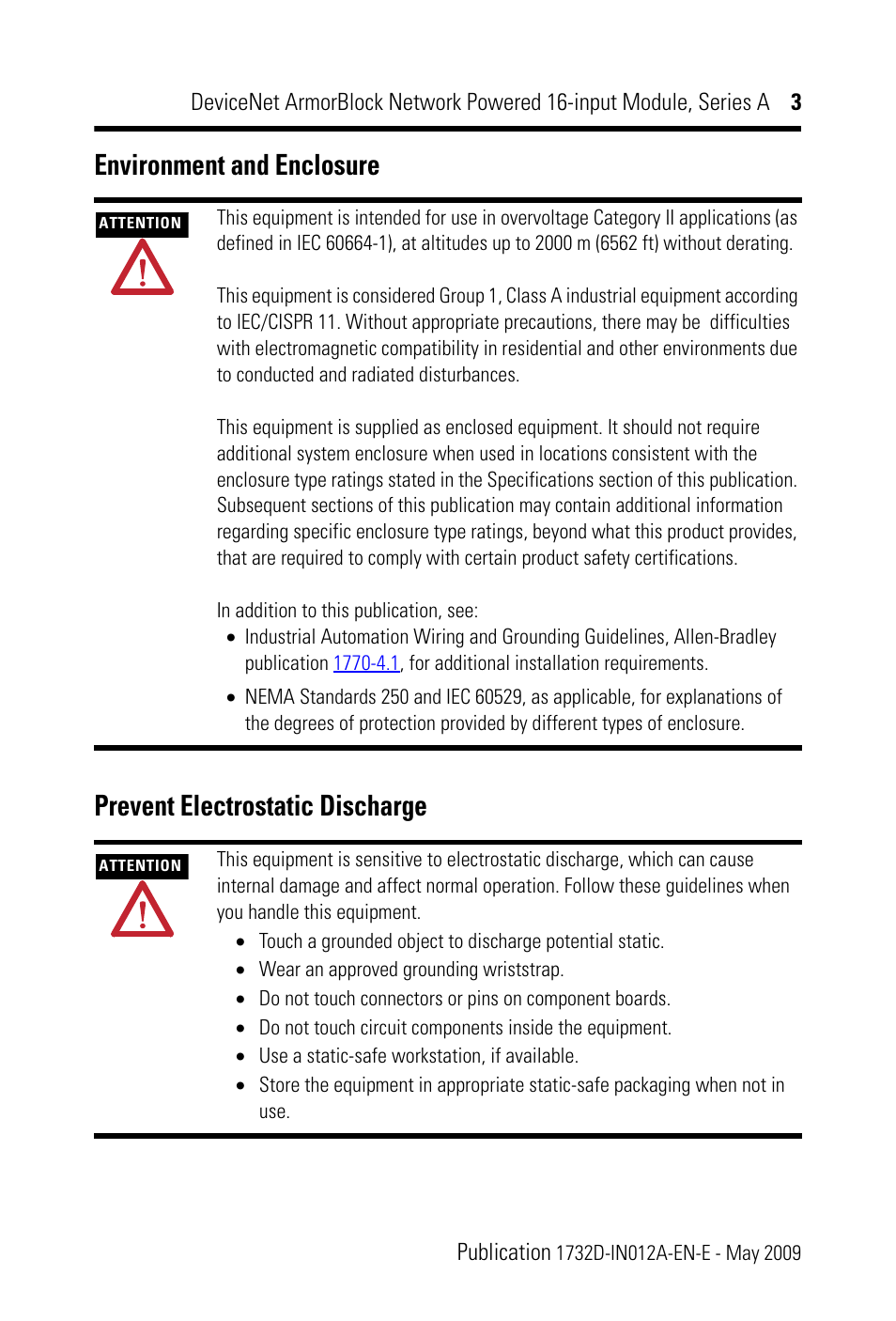 Environment and enclosure, Prevent electrostatic discharge | Rockwell Automation 1732D-IB161212D DNet ArmorBlock Network Powered 16-input Module, Series A, IN User Manual | Page 3 / 20